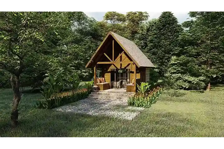 Kit casa de madeira Camponês de 62,47m² com varanda rústica, bancos decorados e porta de vidro integrada.