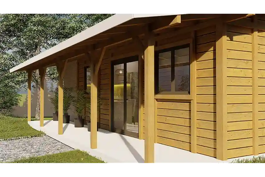 Fachada do kit casa de madeira Conde I de 61,71m² com varanda coberta e acabamento moderno em madeira natural.