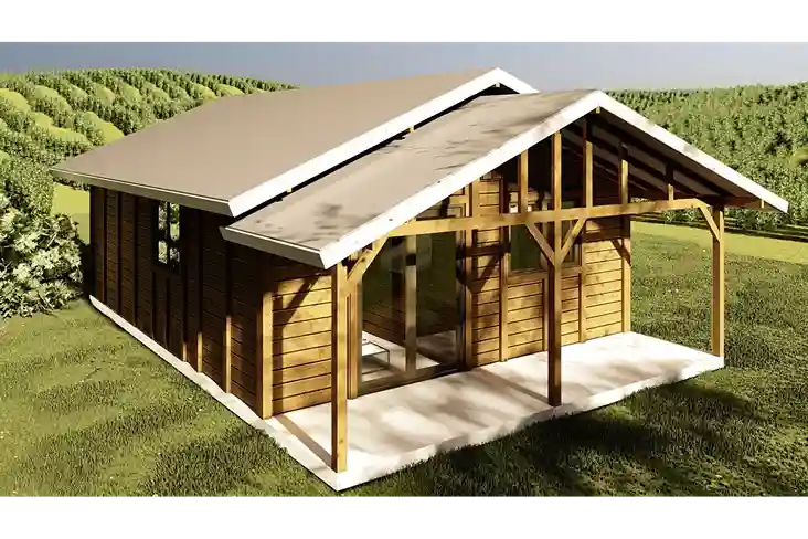Vista lateral do kit casa de madeira Conde II de 54m² com varanda coberta e acabamento rústico em madeira natural.