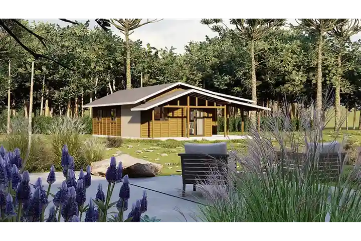 Fachada frontal e lateral do kit casa de madeira Marquês I de 104,76m² com design rústico, estrutura robusta e amplo espaço interno.