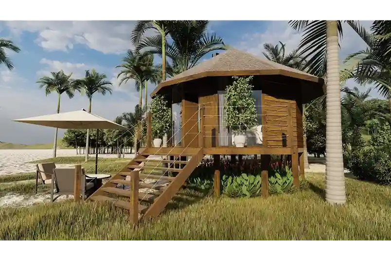 Vista da fachada do kit casa de madeira Óga I de 28,61m² com estrutura compacta, design rústico e acabamento em madeira natural.