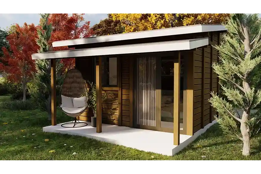 Fachada do kit casa de madeira Tiny House I de 16m² com estrutura compacta, sustentável e design moderno em madeira natural.