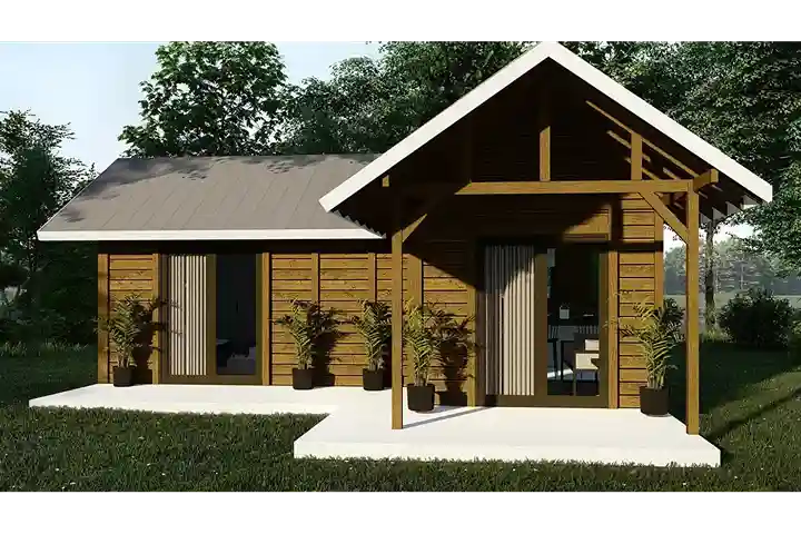 Fachada do Kit Casa de Madeira Visconde I 43,25m², um chalé compacto com acabamento em madeira natural e design prático e elegante.