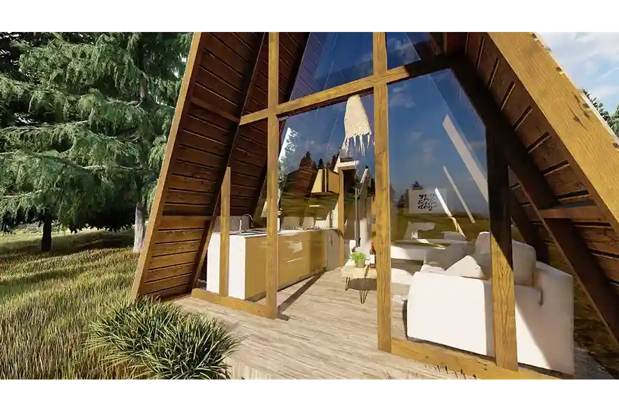 Fachada do kit chalé de madeira Duque IV de 20m² com design compacto, estrutura rústica e acabamento em madeira natural.