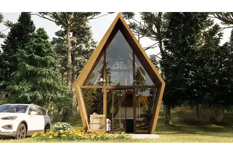 Fachada do kit chalé de madeira Duque VI de 37,94m² com design rústico sofisticado e acabamento em madeira natural.