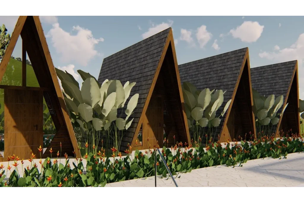 Fachada do kit chalé de madeira Duque VII de 15,00m² com design compacto, estrutura funcional e acabamento em madeira natural.