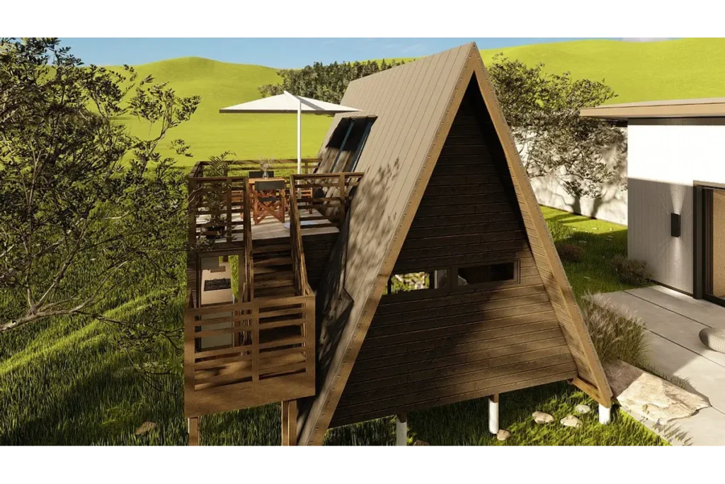 Fachada do kit chalé de madeira Duque II de 52,50m² com estrutura espaçosa, design rústico e acabamento natural em madeira.